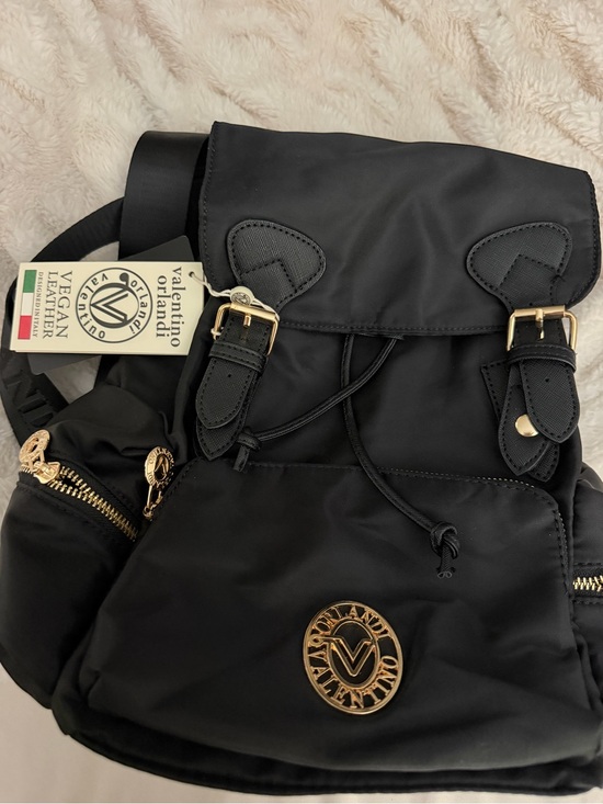 Valentino Handbags - Valentino Black Nylon Backpack with Gold-Tone Emblem and Hardware